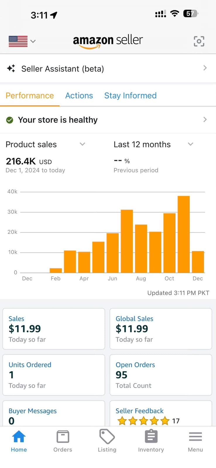 Amazon Seller mobile app showing $216.4K USD first-year launch trajectory