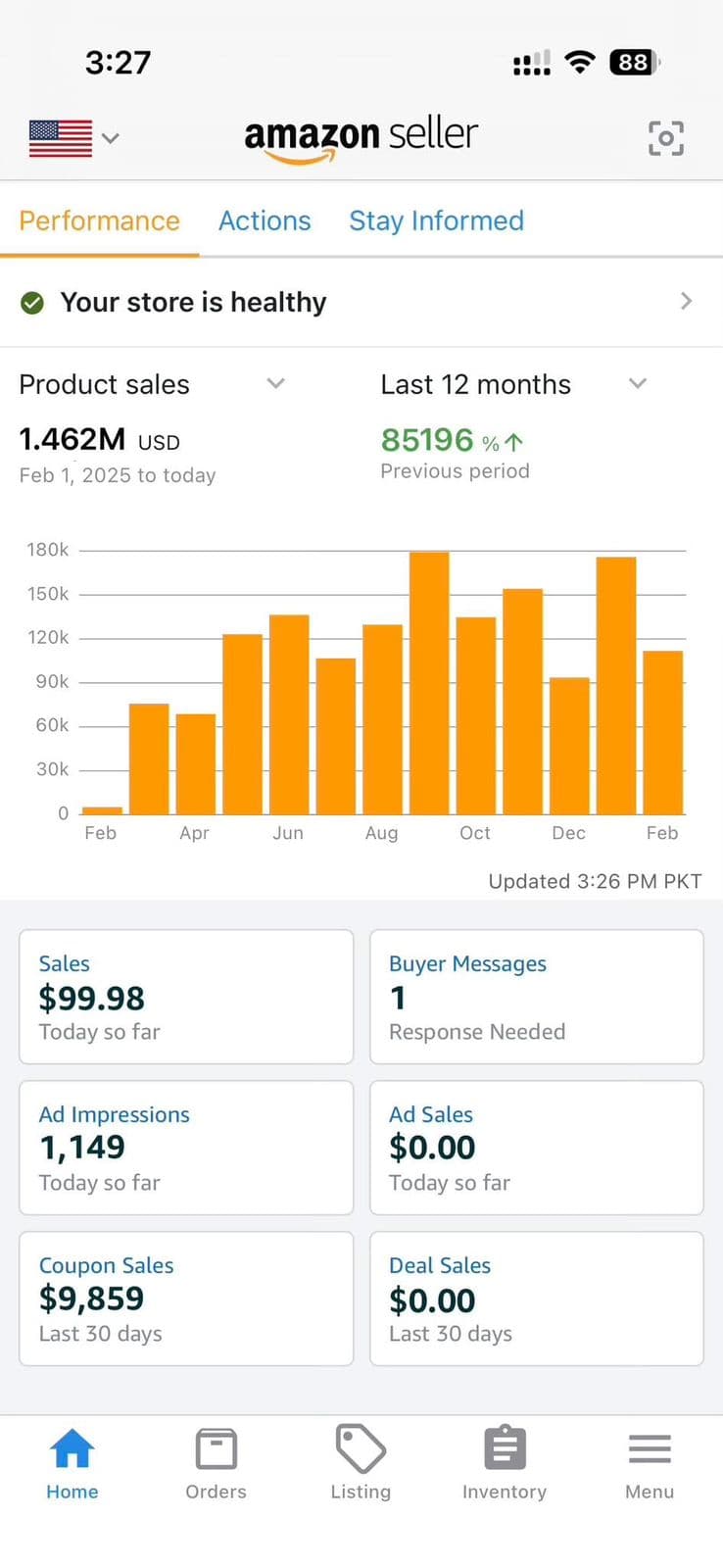 Amazon Seller mobile app demonstrating $1.462M USD 12-month sales surge