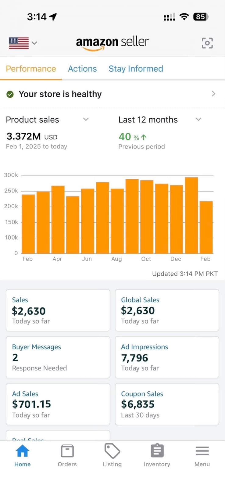 Amazon Seller App showing $3.372M USD in 12-month product sales (+40% YoY)