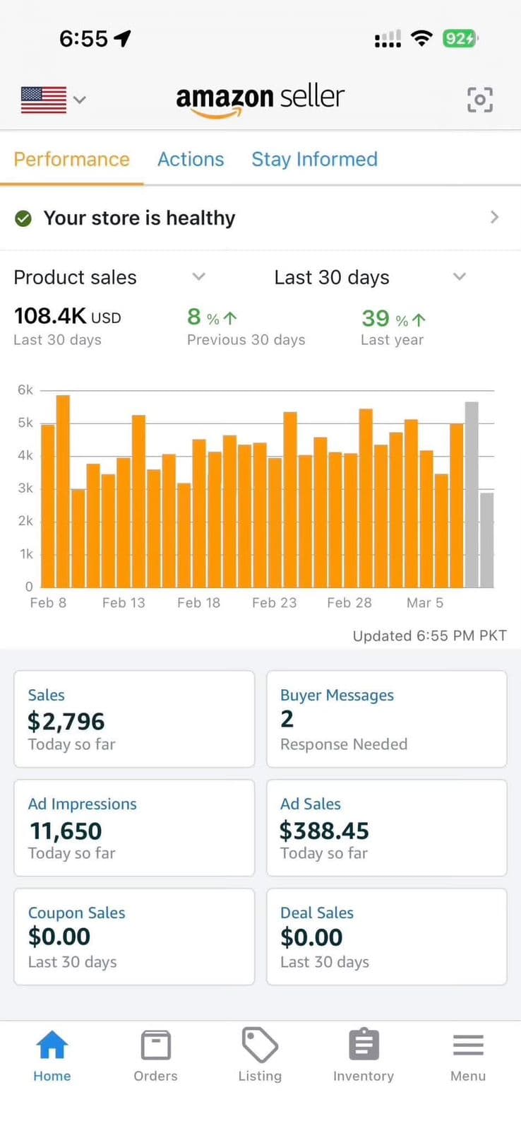 Amazon Seller mobile app confirming $108.4K USD in 30-day product sales