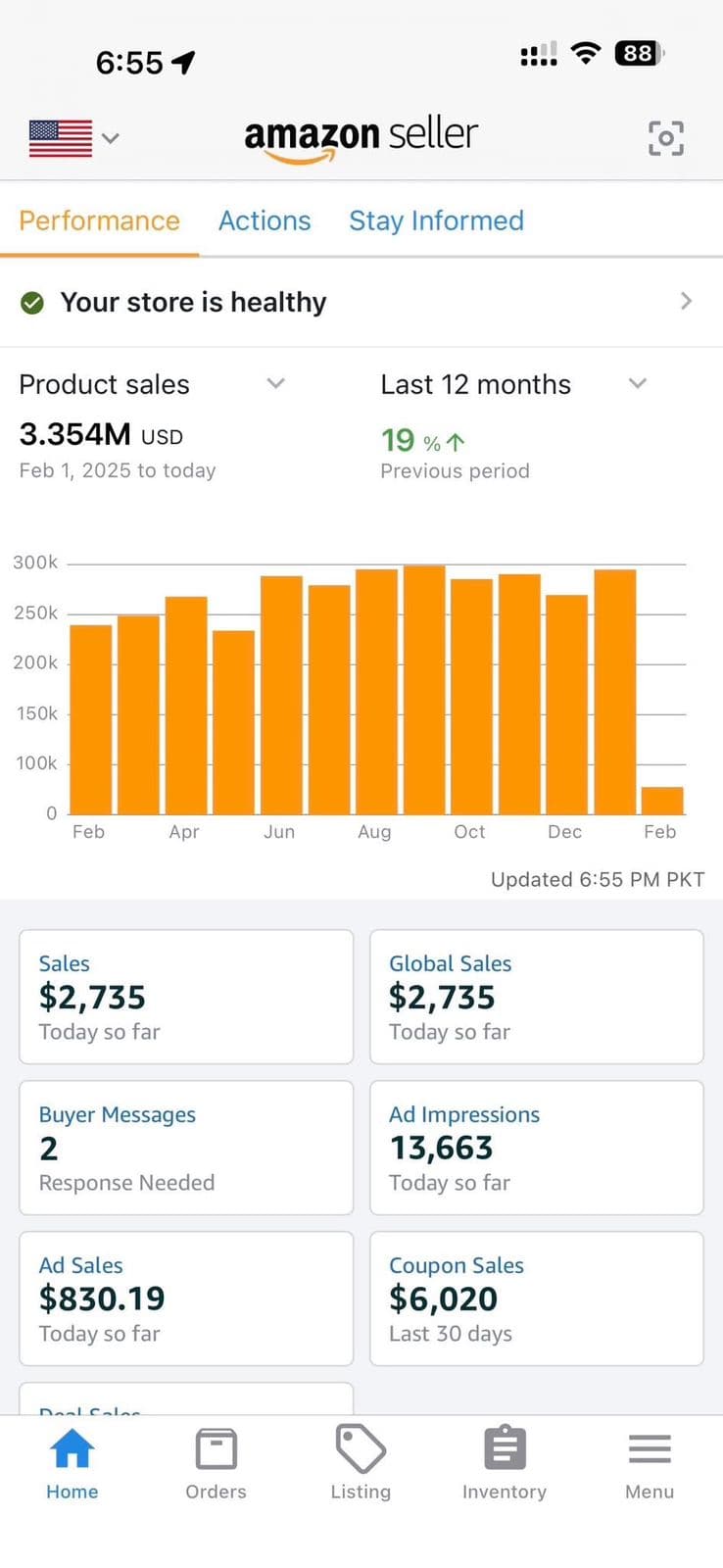 Amazon Seller mobile app showing $3.354M USD 12-month sales with 19% YoY growth