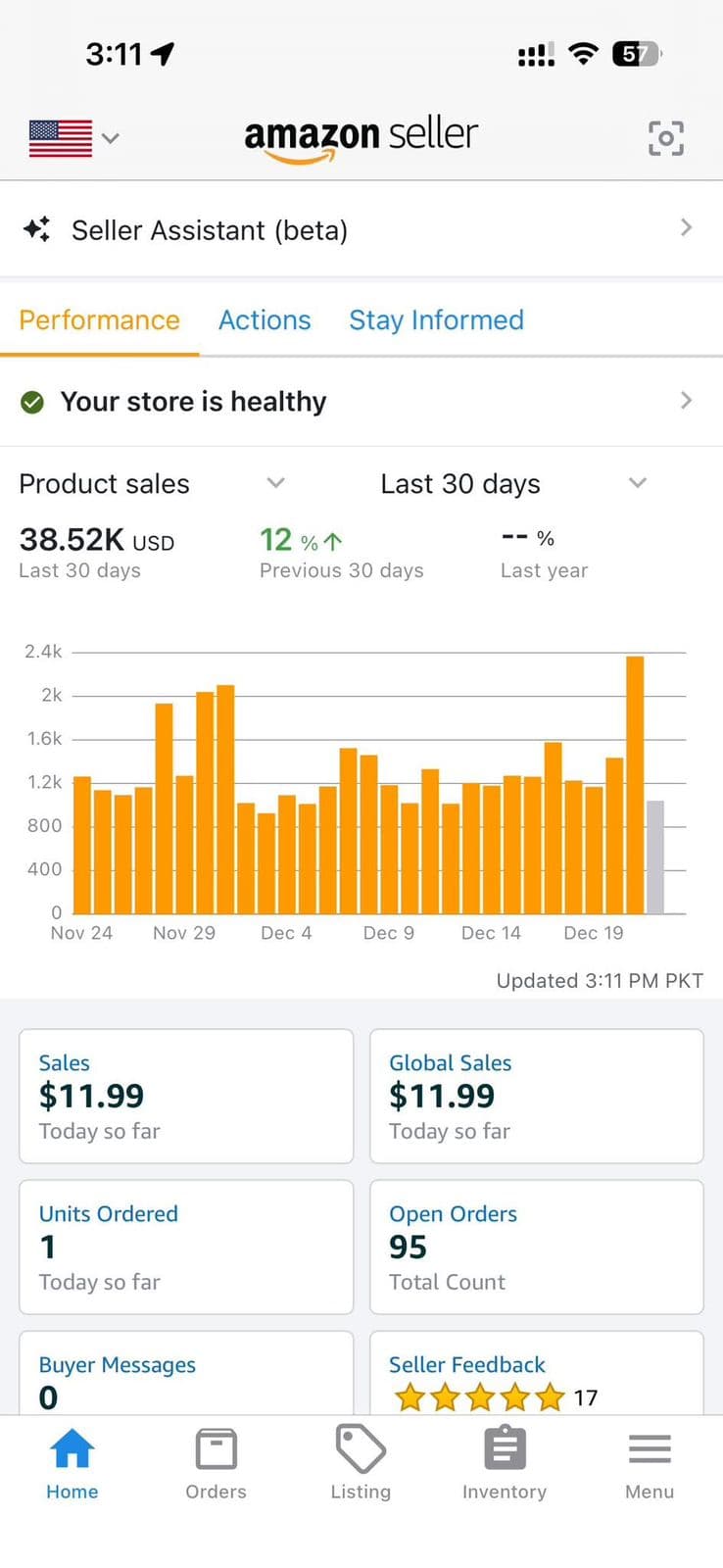 Amazon Seller mobile app recording $38.52K USD 30-day holiday sales volume