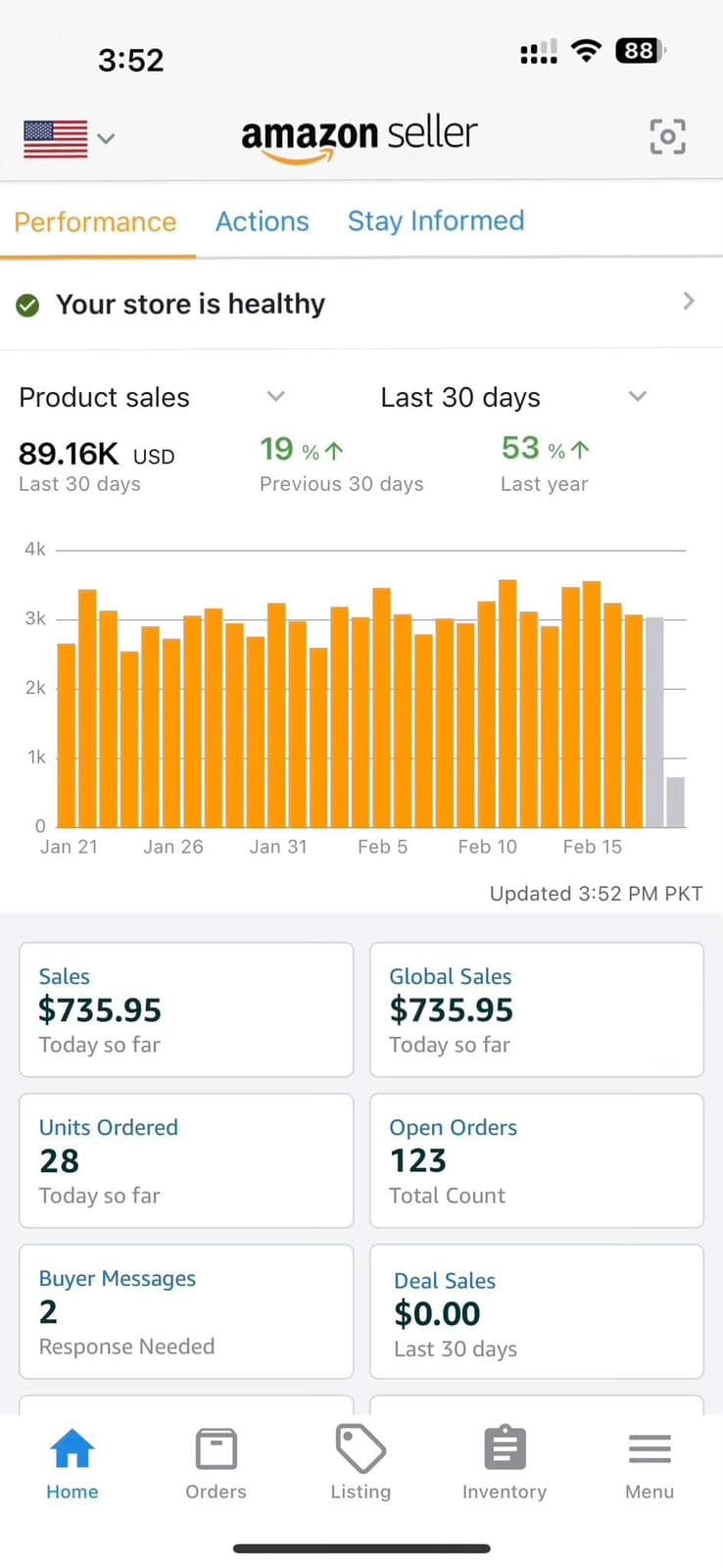 Amazon Seller App 30-day product sales at $89.16K USD with 53% YoY expansion