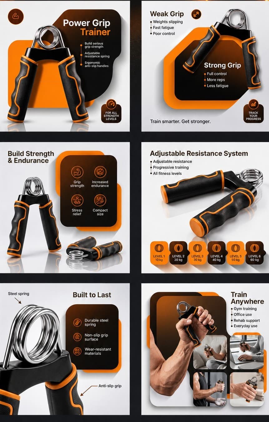 Power Grip Trainer 6-panel Amazon listing image set