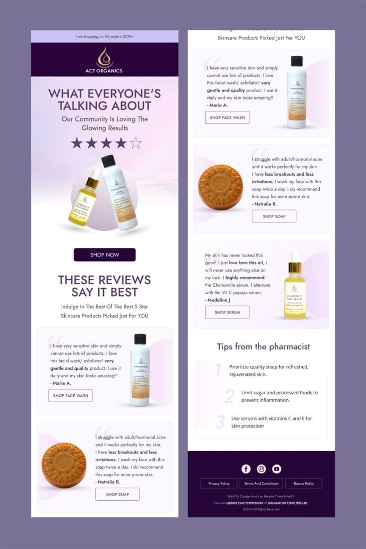 ACT Organics customer reviews and social proof email flow