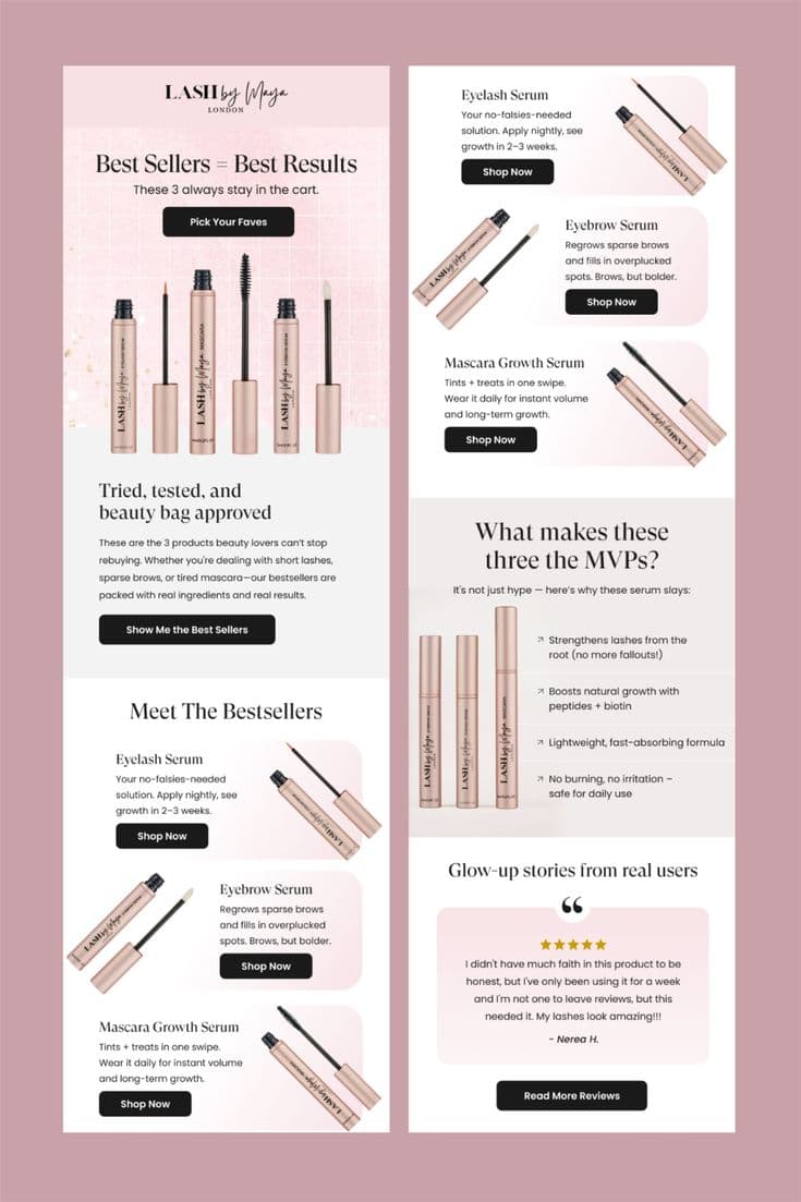 Lash by Maya London best sellers serum email marketing campaign