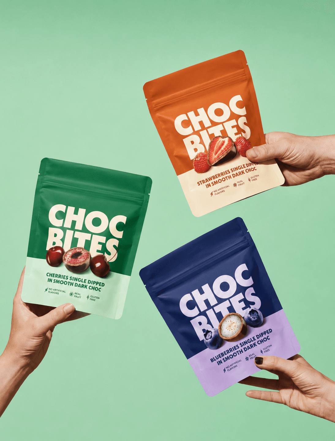 Choc Bites single dipped fruit in dark chocolate pouch packaging